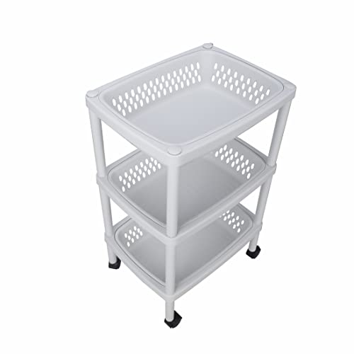 Ruishetop 3 Layers Plastic Rolling Storage Cart Vegetable Organizer Shelf Rack Storage Tower Utility Cart with Wheels and Removable Baskets, for Kitchen Laundry Room Bathroom Office Home (White)