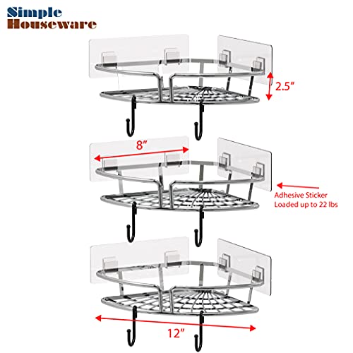 Simple Houseware Bathroom Adhesive Wall Mount Single-Tier Corner Shelf Shower Caddy, Chrome, (Set of 3)