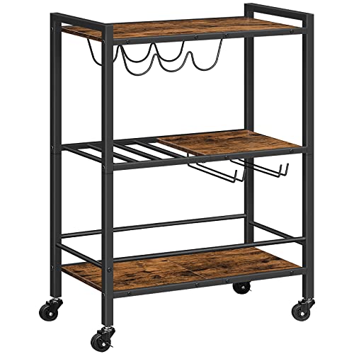 HOOBRO Bar Cart for The Home, 3-Tier Serving Cart on Wheels, Kitchen Cart with Wine Rack and Glass Holder, Rolling Beverage Cart for Living Room, Party, Bar, Rustic Brown and Black BF35TC01G1