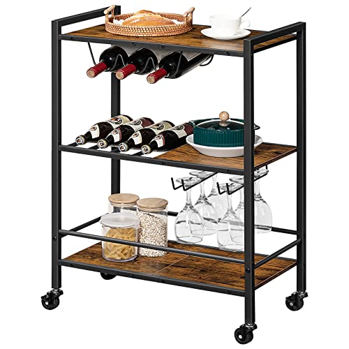 HOOBRO Bar Cart for The Home, 3-Tier Serving Cart on Wheels, Kitchen Cart with Wine Rack and Glass Holder, Rolling Beverage Cart for Living Room, Party, Bar, Rustic Brown and Black BF35TC01G1