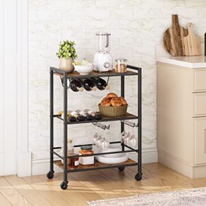 HOOBRO Bar Cart for The Home, 3-Tier Serving Cart on Wheels, Kitchen Cart with Wine Rack and Glass Holder, Rolling Beverage Cart for Living Room, Party, Bar, Rustic Brown and Black BF35TC01G1