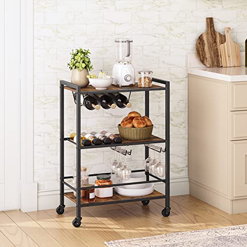 HOOBRO Bar Cart for The Home, 3-Tier Serving Cart on Wheels, Kitchen Cart with Wine Rack and Glass Holder, Rolling Beverage Cart for Living Room, Party, Bar, Rustic Brown and Black BF35TC01G1