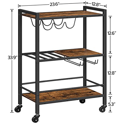 HOOBRO Bar Cart for The Home, 3-Tier Serving Cart on Wheels, Kitchen Cart with Wine Rack and Glass Holder, Rolling Beverage Cart for Living Room, Party, Bar, Rustic Brown and Black BF35TC01G1