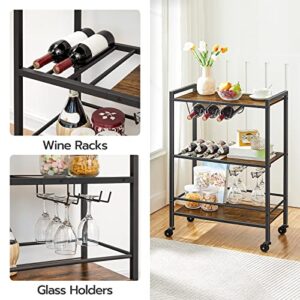 HOOBRO Bar Cart for The Home, 3-Tier Serving Cart on Wheels, Kitchen Cart with Wine Rack and Glass Holder, Rolling Beverage Cart for Living Room, Party, Bar, Rustic Brown and Black BF35TC01G1