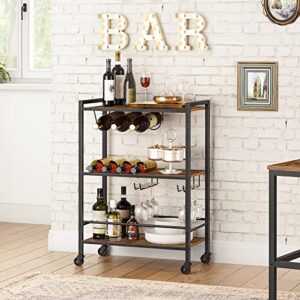 HOOBRO Bar Cart for The Home, 3-Tier Serving Cart on Wheels, Kitchen Cart with Wine Rack and Glass Holder, Rolling Beverage Cart for Living Room, Party, Bar, Rustic Brown and Black BF35TC01G1