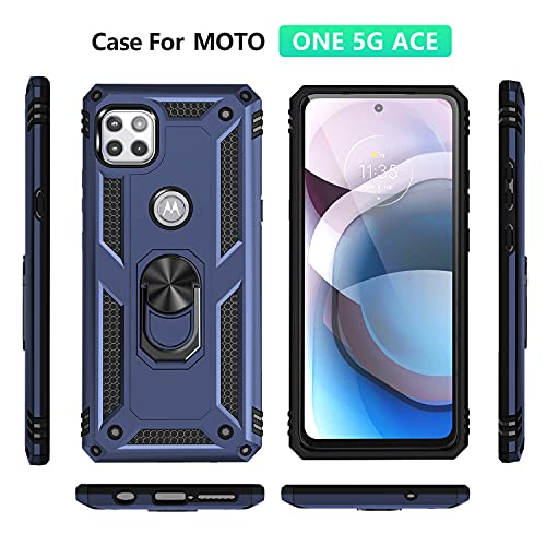 Military Grade Drop Impact for Moto One 5G Ace Case Motorola One 5G Ace G 5G Case 360 Metal Rotating Ring Kickstand Holder Armor Heavy Duty Shockproof Case for One 5G Ace Phone Case (Blue)