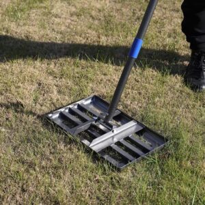 SANDEGOO Lawn Leveling Rake | Levelawn Tool | Level Soil or Dirt Ground Surfaces Easily | 18” x 10” Ground Plate | rakes for lawns Heavy Duty 72” Extra Long Handle | Extracted Iron Metal Black