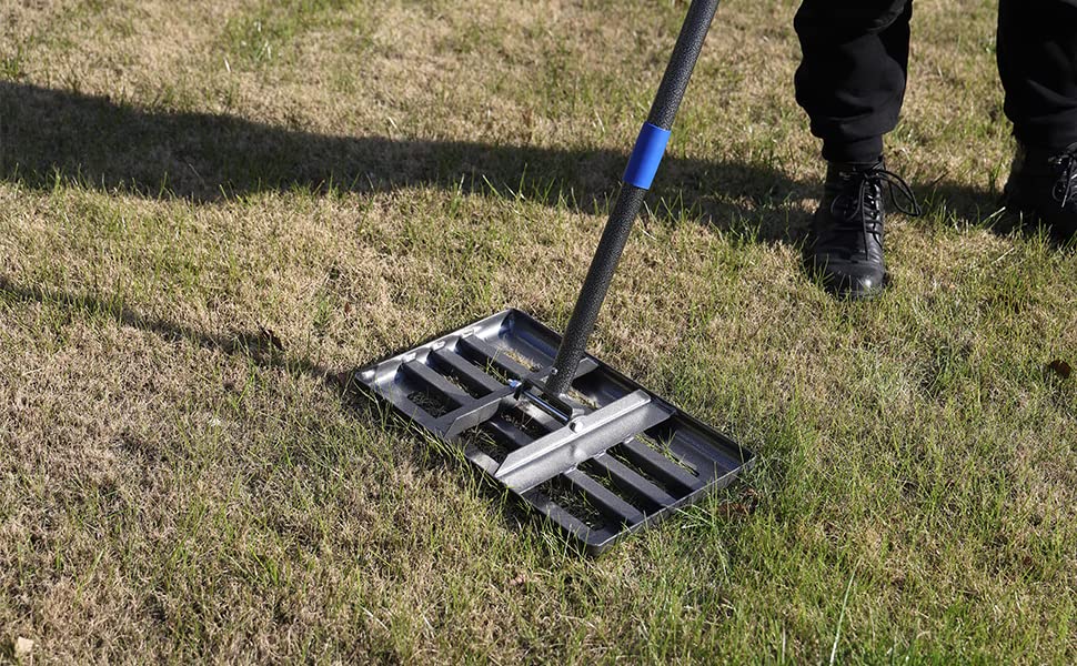 SANDEGOO Lawn Leveling Rake | Levelawn Tool | Level Soil or Dirt Ground Surfaces Easily | 18” x 10” Ground Plate | rakes for lawns Heavy Duty 72” Extra Long Handle | Extracted Iron Metal Black