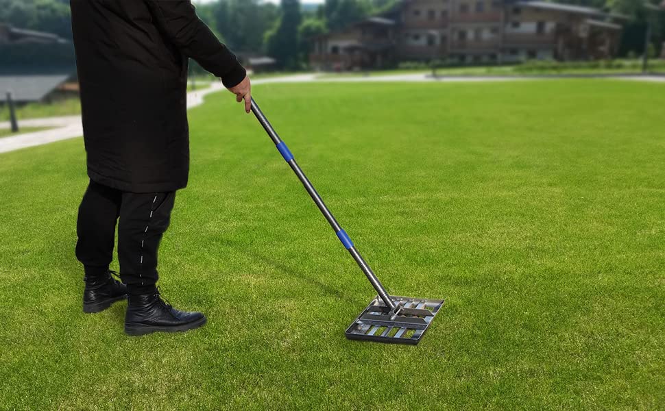 SANDEGOO Lawn Leveling Rake | Levelawn Tool | Level Soil or Dirt Ground Surfaces Easily | 18” x 10” Ground Plate | rakes for lawns Heavy Duty 72” Extra Long Handle | Extracted Iron Metal Black