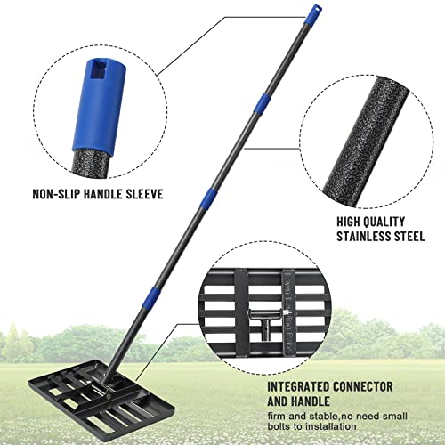 SANDEGOO Lawn Leveling Rake | Levelawn Tool | Level Soil or Dirt Ground Surfaces Easily | 18” x 10” Ground Plate | rakes for lawns Heavy Duty 72” Extra Long Handle | Extracted Iron Metal Black