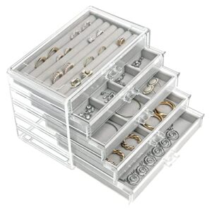 uybeauty acrylic jewelry box with 5 drawers,velvet jewellery organizer,jewelry storage case for earring necklace,ring organizer storage for women(grey,5 drawers)
