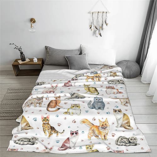 Breeds of Cats Throw Blanket Cozy Plush Flannel Fleece Soft Bed Blankets for Sofa Couch Bedroom 60"X50"