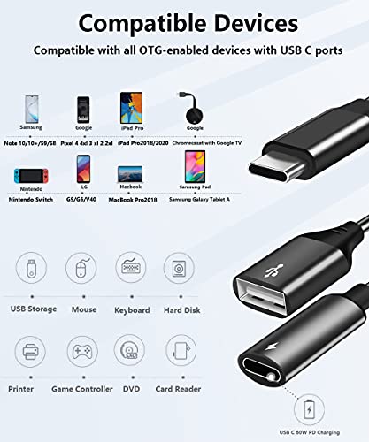 USB C to USB Adapter with Type C Charging, 2 in 1 Type C 3.0 OTG Splitter with 60W PD Fast Charge Compatible for Galaxy S23 S22 S21 S20 S20+ Note 20/10,Switch,LG V40 V30 G8, Pixel4 XL,Google TV 2020