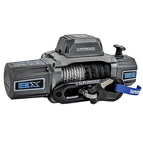 Superwinch 1712201 SX12SR 12V DC Winch 12,000 lb/5,443 kg Single Line Pull with Hawse Fairlead, 3/8in x 85ft Synthetic Rope, Corded Handheld and Wireless Remote