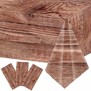 3 pieces wood grain tablecloth brown wood plastic table cover rectangular table decoration for kitchen dining room, barbecue thanksgiving fall autumn party