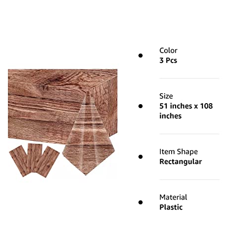 3 Pieces Wood Grain Tablecloth Brown Wood Plastic Table Cover Rectangular Table Decoration for Kitchen Dining Room, Barbecue Thanksgiving Fall Autumn Party