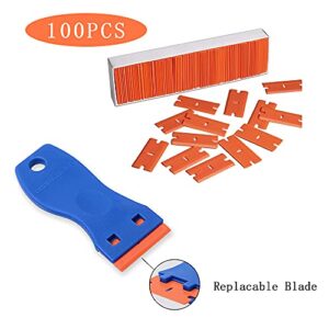 Plastic Razor Blades Scraper, 3PCS Plastic Scraper 100PCS Blades, Putty Knife Scratch-proof, Car Glass Windows Tile Desktop Cleaning Tool, for Glue Labels Stickers Decals (Plastic)