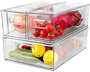 3 pack refrigerator organizer bins with pull-out drawer, large stackable fridge drawer organizer set with handle, bpa-free drawable clear storage cases for freezer, cabinet, kitchen, pantry organization