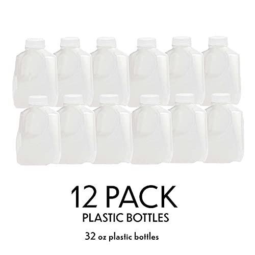 (12Pk) Mini Milk Jugs Plastic With Lid Quart Size Jugs Empty Milk Jugs, Use For Milk, Brews, Juice, Teas, Easy Grip Easy Pour Pitcher Elderly, Special Needs & Small Hands, Food Safe, Hdpe Squat 32 Oz