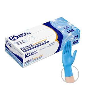 safe health nitrile exam disposable gloves, latex free, powder free, blue, box of 100, medium, textured, 3.5 mil, chemo rated, chemical resistant, medical, dental, hospital, pharmaceutical, laboratory