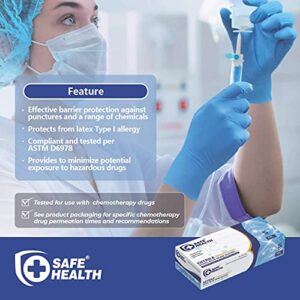 SAFE HEALTH Nitrile Exam Disposable Gloves, Latex Free, Powder Free, Blue, Box of 100, Medium, Textured, 3.5 mil, Chemo Rated, Chemical Resistant, Medical, Dental, Hospital, Pharmaceutical, Laboratory