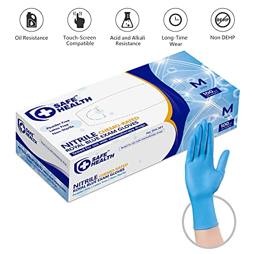 SAFE HEALTH Nitrile Exam Disposable Gloves, Latex Free, Powder Free, Blue, Box of 100, Medium, Textured, 3.5 mil, Chemo Rated, Chemical Resistant, Medical, Dental, Hospital, Pharmaceutical, Laboratory