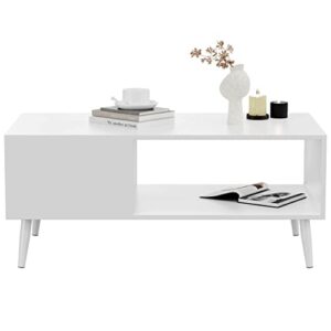 yusong modern wood coffee table for living room, retro mid-century center tables cocktail table with storage shelf for reception, white