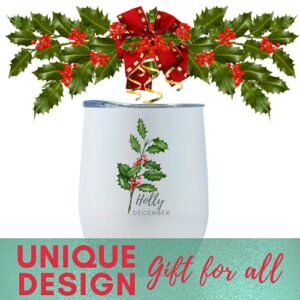 Birthday Month Flower Tumbler, Birth Flower Gifts for Her, Unique Birthday Presents for Women, Mum, Wife, Girlfriend, Daughter, Best Friend, Coffee and Wine Tumbler 12oz (December, Holly)