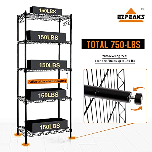 EZPEAKS 5-Shelf Shelving Unit with Shelf Liners Set of 5, NSF Certified, Adjustable, Steel Organizer Wire Rack, 100lbs Loading Capacity Per Shelf, for Kitchen and Garage (23.6W x 14D x 59H) Black