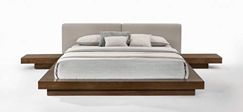Limari Home Albina Collection Modern Style Bedroom Walnut Veneer Finished Leatherette Upholstered Platform Low Profile Bed, King, Brown, Grey
