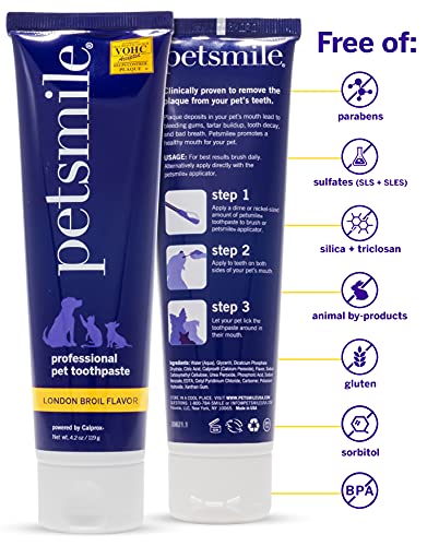 Petsmile Professional Pet Toothpaste | Cat & Dog Dental Care | Controls Plaque, Tartar, & Bad Breathe | Only VOHC Accepted Toothpaste | Teeth Cleaning Pet Supplies (London Broil, 4.2 Oz)