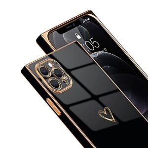 Pepmune Compatible with iPhone 12 Pro Max Case Women Cute Luxury Heart Design Girls Square Bling Shockproof Silicone Camera Lens Protective Cover For Apple iPhone 12 Pro Max Phone Cases Black 6.7 inch