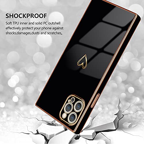 Pepmune Compatible with iPhone 12 Pro Max Case Women Cute Luxury Heart Design Girls Square Bling Shockproof Silicone Camera Lens Protective Cover For Apple iPhone 12 Pro Max Phone Cases Black 6.7 inch