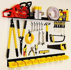 wallpeg pegboard wall organizer 48- inch garage pegboard panel organizer utility tool storage kit with tool board peg hooks accessories, wall mounted storage bins, lawn tool rack overhead shelf (white pegboard)