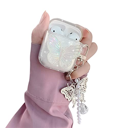 Fycyko Compatible for AirPods Case with Girls Cute Clear Glitter Butterfly Design Smooth Soft TPU Cover Case for Airpods 2 &1,Cute for Airpods-(Butterfly)