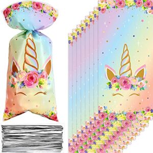 zonon 100 pieces unicorn cellophane treat bags, pink rainbow gold unicorn theme candy goodie favor bags with 100 silver twist ties party favor pastel bags for girls birthday baby shower supplies