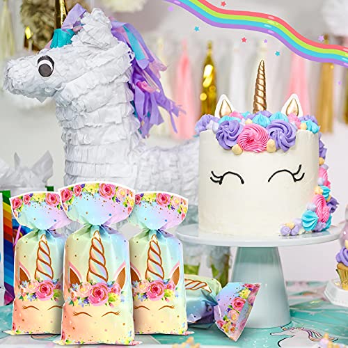 Zonon 100 Pieces Unicorn Cellophane Treat Bags, Pink Rainbow Gold Unicorn Theme Candy Goodie Favor Bags with 100 Silver Twist Ties Party Favor Pastel Bags for Girls Birthday Baby Shower Supplies