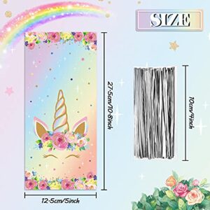 Zonon 100 Pieces Unicorn Cellophane Treat Bags, Pink Rainbow Gold Unicorn Theme Candy Goodie Favor Bags with 100 Silver Twist Ties Party Favor Pastel Bags for Girls Birthday Baby Shower Supplies