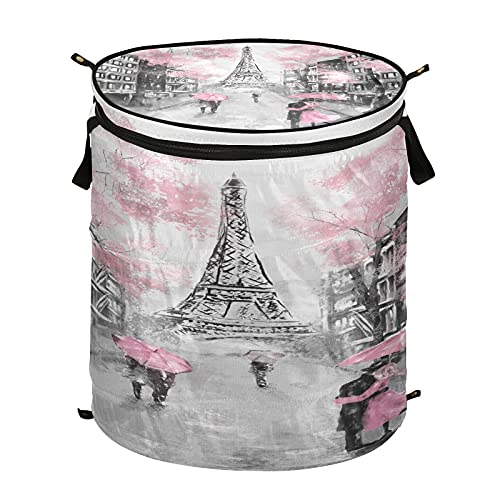 Pop Up Laundry Hamper France Paris Romantic Eiffel Tower Round Laundry Basket with Zipper Lid Clothes Hamper Collapsible Storage Bin Toy Organizer Basket