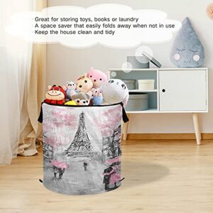 Pop Up Laundry Hamper France Paris Romantic Eiffel Tower Round Laundry Basket with Zipper Lid Clothes Hamper Collapsible Storage Bin Toy Organizer Basket