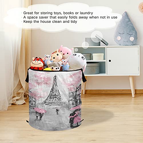 Pop Up Laundry Hamper France Paris Romantic Eiffel Tower Round Laundry Basket with Zipper Lid Clothes Hamper Collapsible Storage Bin Toy Organizer Basket