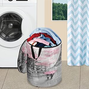 Pop Up Laundry Hamper France Paris Romantic Eiffel Tower Round Laundry Basket with Zipper Lid Clothes Hamper Collapsible Storage Bin Toy Organizer Basket