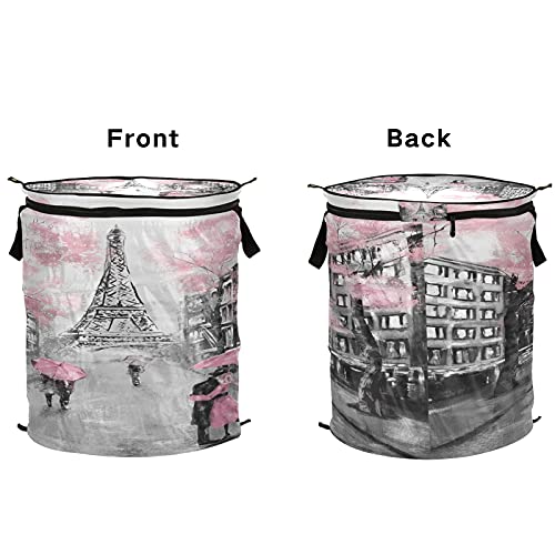 Pop Up Laundry Hamper France Paris Romantic Eiffel Tower Round Laundry Basket with Zipper Lid Clothes Hamper Collapsible Storage Bin Toy Organizer Basket