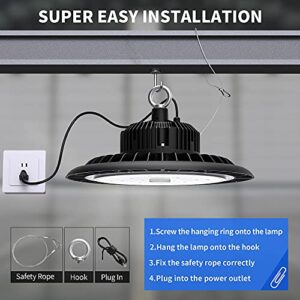 UFO LED High Bay Light 100W 14000 LM with US Plug 5ft Cable, 5000K Daylight, IP65 Waterproof, Non-Dim, Commercial Warehouse Workshop Factory Barn Garage Lowbay Area Lighting Fixture