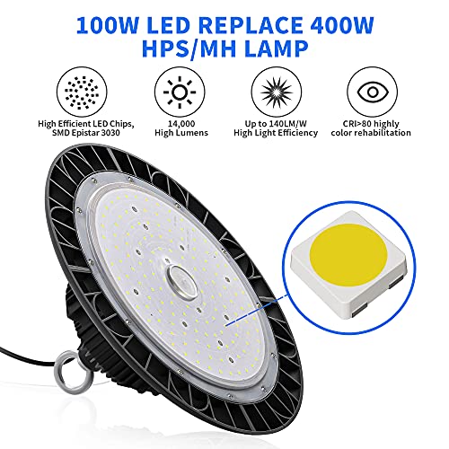 UFO LED High Bay Light 100W 14000 LM with US Plug 5ft Cable, 5000K Daylight, IP65 Waterproof, Non-Dim, Commercial Warehouse Workshop Factory Barn Garage Lowbay Area Lighting Fixture