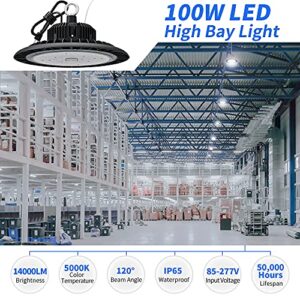 UFO LED High Bay Light 100W 14000 LM with US Plug 5ft Cable, 5000K Daylight, IP65 Waterproof, Non-Dim, Commercial Warehouse Workshop Factory Barn Garage Lowbay Area Lighting Fixture