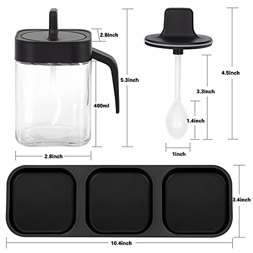 Kivsty 3 Pack Sugar Bowls Set with Spoons and Lids - High Capacity 13oz Spices and Seasonings Containers - Glass Spice Jar Seasoning Box for Home Kitchen Coffee Bar(Black Square Base)