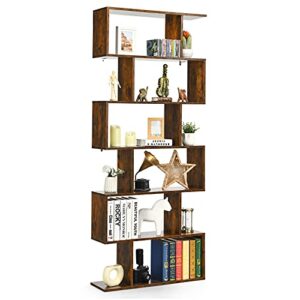 tangkula 6 tier s shaped bookshelf, 31.5''l x 9''w x 75''h, wooden bookcase and bookshelves w/anti-toppling device, room divider display shelves for living room, home decor, 6 shelf bookshelf
