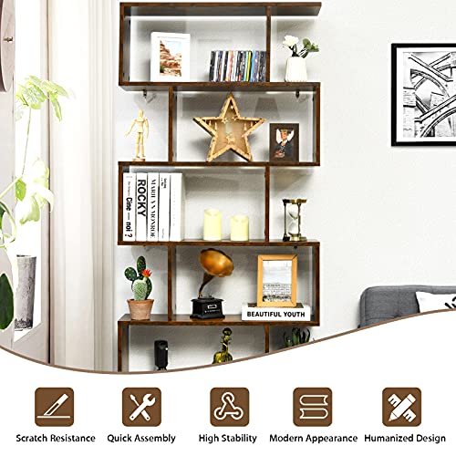 Tangkula 6 Tier S Shaped Bookshelf, 31.5''L x 9''W x 75''H, Wooden Bookcase and Bookshelves w/Anti-Toppling Device, Room Divider Display Shelves for Living Room, Home Decor, 6 Shelf Bookshelf
