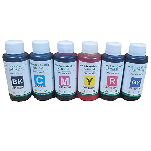 Vivid Colors 6x100ml Premium Ink CISS Refillable Ink Refill Bottle for Expression Photo HD XP-15000 Printer Black, Cyan, Magenta, Yellow, Red, Gray